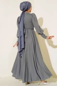 Balon Kol Omuz Pileli Elbise Gri thumbnail 3