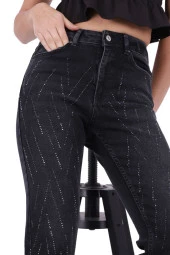 Çizgili Taşlı ve Yüksek Belli Paçaları Dikişsiz Mom Jean Kadın Kot Pantolon Antrasit Denim - 1