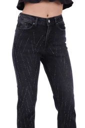 Çizgili Taşlı ve Yüksek Belli Paçaları Dikişsiz Mom Jean Kadın Kot Pantolon Antrasit Denim - 2