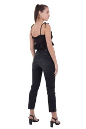 Çizgili Taşlı ve Yüksek Belli Paçaları Dikişsiz Mom Jean Kadın Kot Pantolon Antrasit Denim - 5