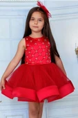 Kız Çocuk İnci Boncuk ve Etek Ucu Şerit Detaylı Kırmızı Abiye thumbnail 1