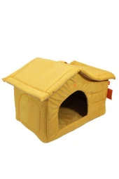 Çatılı Kedi Ve Köpek Evi Sarı Kadife Iç Mekan - 1