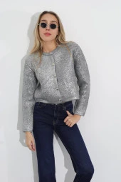 5in1Canpolat Gümüş Bisiklet Yaka Kaplamalı Hırka 231092 - 9