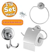 Krom Metal Sağlam Aparat Vidalı Lavabo Banyo Wc Bez Havlu Çatal Askı Tuvalet Kağıtlık 3lü Set - 1