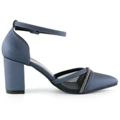 Erkan Saçmacı Molly Lacivert Saten Taşlı Fileli Kalın Topuklu Ayakkabı thumbnail 2