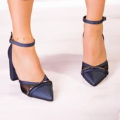 Erkan Saçmacı Molly Lacivert Saten Taşlı Fileli Kalın Topuklu Ayakkabı thumbnail 4