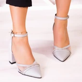 Erkan Saçmacı Molly Gümüş Saten Taşlı Fileli Kalın Topuklu Ayakkabı - 4