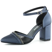 Erkan Saçmacı Molly Lacivert Saten Taşlı Fileli Kalın Topuklu Ayakkabı thumbnail 1