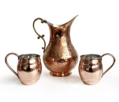 Shark Anatolia El İşi Kabartma Bakır Sürahi ve 2'li Bardak Seti - 6