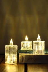 3lü Kristal Desenli Led Mum Seti Pilli Dumansız Alevli Ledli Dekoratif Yapay Mum thumbnail 1