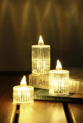 3lü Kristal Desenli Led Mum Seti Pilli Dumansız Alevli Ledli Dekoratif Yapay Mum thumbnail 5