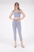 Paçaları Dekoratif Damla Taşlı Yüksek Belli Cepli Bilek Boylu Kadın Kot Pantolon Kar AçıkMavi Denim - 1