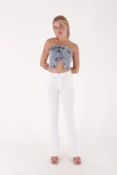 Dar Kalıplı Yüksek Belli ve İspanyol Paçalı Cepli Skinny Kadın Kot Pantolon Beyaz Denim - 2