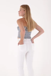 Dar Kalıplı Yüksek Belli ve İspanyol Paçalı Cepli Skinny Kadın Kot Pantolon Beyaz Denim - 6