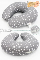 Çift Taraflı Emzirme Yastığı /bebek Destek Minderi, Hamile Yastığı, Pamuklu Kumaş, Stars, Antrasit - 1