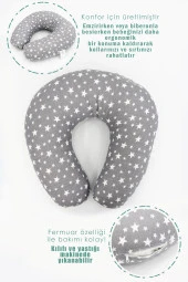 Çift Taraflı Emzirme Yastığı /bebek Destek Minderi, Hamile Yastığı, Pamuklu Kumaş, Stars, Antrasit - 3