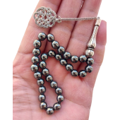 Dogal Taş Hematit Tesbih,metal kazaz desen püsküllü Tespih - 2