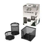 Gen-Of Perfore 3 Lü Metal Masa Üstü Seti Siyah(Kalemlik + Küpnotluk + Ataşlık) - 1