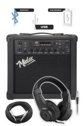 Midex MGA-25BK-PAK Elektro Gitar Amfisi 25 Watt USB Bluetooth ve Şarjlı (Amfi Mikrofon Stand Kulaklık Jack Kablo) - 2