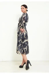 Modatalika Kadın Şifon Kumaş Dijital Gold Varak Baskı Detaylı Midi Elbise thumbnail 1