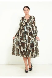 Modatalika Kadın Şifon Kumaş Dijital Gold Varak Baskı Detaylı Midi Elbise thumbnail 3