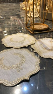 Arma Krem Gold  6lı Linen Keten Kahve Yanı Kokteyl Sunum Parti Peçetesi Nakış Işlemeli Sunumluk - 1