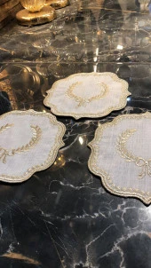 Arma Krem Gold  6lı Linen Keten Kahve Yanı Kokteyl Sunum Parti Peçetesi Nakış Işlemeli Sunumluk - 3