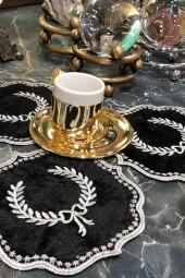 Arma Siyah Gri 6lı Linen Keten Kahve Yanı Kokteyl Sunum Parti Peçetesi Nakış Işlemeli Sunumluk - 1