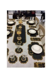 Başak Siyah Gold 12 Kişilik 37 Parça Amerikan Servis Runner ve Seti Nakışlı Deri Yemek Sunum Takımı - 1