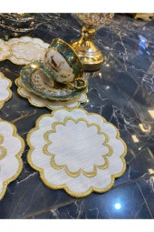 Galaxy Gold 6lı Linen Keten Kahve Yanı Kokteyl Sunum Parti Peçetesi Nakış Işlemeli Sunumluk - 2