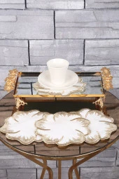 Hawaii Gold 6lı Linen Keten Kahve Yanı Kokteyl Sunum Parti Peçetesi Nakış Işlemeli Sunumluk - 3