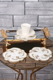 Sarmaşık Gold 6lı Linen Keten Kahve Yanı Kokteyl Sunum Parti Peçetesi Nakış Işlemeli Sunumluk - 2