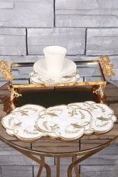 Sarmaşık Gold 6lı Linen Keten Kahve Yanı Kokteyl Sunum Parti Peçetesi Nakış Işlemeli Sunumluk - 3