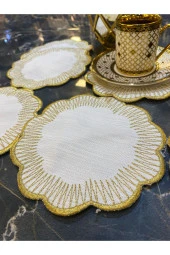 Shems Gold 6lı Linen Keten Kahve Yanı Kokteyl Sunum Parti Peçetesi Nakış Işlemeli Sunumluk - 1