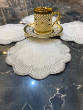 Shems Gümüş 6lı Linen Keten Kahve Yanı Kokteyl Sunum Parti Peçetesi Nakış Işlemeli Sunumluk - 1