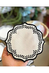 Yuvarlak Siyah 6lı Linen Keten Kahve Yanı Kokteyl Sunum Parti Peçetesi Nakış Işlemeli Sunumluk - 1