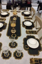 Başak Siyah Gold 8 Kişilik 25 Parça Masa Örtüsü Nakışlı Deri Runner Seti Yemek Sunum Takımı - 1