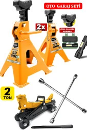 2Ton/2000Kg Kapasite Tekerlekli Arabalı Kriko + 2Ton x2Adet Sehpa Tip Kriko + Bijon Full Garaj Seti - 1