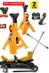 2Ton/2000Kg Kapasite Tekerlekli Arabalı Kriko + 2Ton x2Adet Sehpa Tip Kriko + Bijon Full Garaj Seti - 3