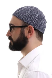 Lacivert Gri Kışlık Çift Renk Kadife Namaz Takkesi thumbnail 3