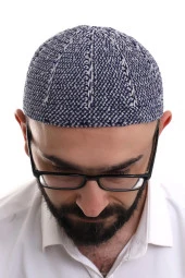 Lacivert Gri Kışlık Çift Renk Kadife Namaz Takkesi thumbnail 5