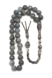 Labradorit Doğal Taş Tesbih 925 Ayar Gümüş 8 mm Küre Kesim thumbnail 2