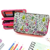 Simli Işıltılı Avokado Unicorn Flamingo Kalem Kutusu Vegan Deri Kalemkutu Üç Bölmeli Kalemlik - Pembe thumbnail 1