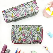 Simli Işıltılı Avokado Unicorn Flamingo Kalem Kutusu Vegan Deri Kalemkutu Üç Bölmeli Kalemlik - Pembe thumbnail 2