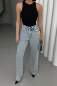 Cep Kenarları Taş Detaylı ve Yüksek Belli Cepli Rahat Kot Kadın Pantolon Kar Yıkama Açık Mavi Denim - 3
