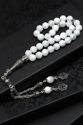 Ay Taşı Doğal Taş Tesbih 925 Ayar Gümüş 8 mm Küre Kesim - 1