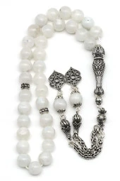 Ay Taşı Doğal Taş Tesbih 925 Ayar Gümüş 8 mm Küre Kesim - 2