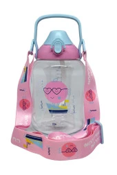 Vagonlife Uzspace VGN2204 1500ML Pembe-Mavi Cute Tek Kapak Çift Kullanım Pipetli/Pipetsiz Askı Aparatlı Tritan Su Matarası - 1