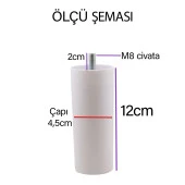 2 Adet Silindir Destek Ayağı 12 cm Beyaz Gizli Ayak M8 Civatalı İnce Diş Mobilya Kanepe Baza Koltuk - 4