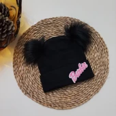 MARS BABY Kız Bebek Çocuk Barbie Figürlü Siyah Çift Ponponlu Bere - 1